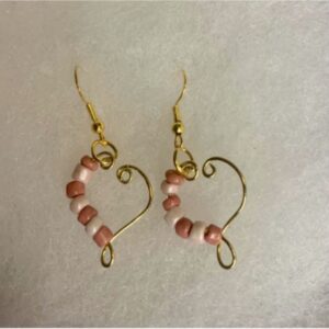 Wired wrapped heart earrings. Dusty rose and light pink beads with hypoallergenic ear wires