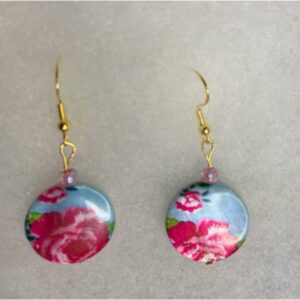 mother of pearl, pink and blue flower print with pink glass bead eternal glo jewelry