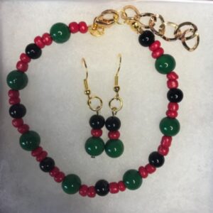 Dark green, red and black beaded bracelet and earrings