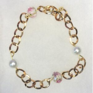 Pearls, rose/floral glass beads with gold plated chunky chain links