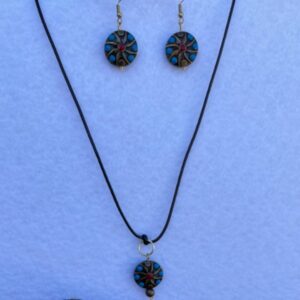 Bronze red and blue desert floral design  Set includes earrings, bracelet and black cord necklace