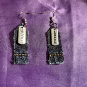 Denim Warrior dangle earrings.