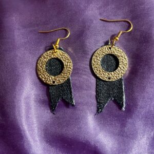 Golden shield maiden Denim Day dangle earrings